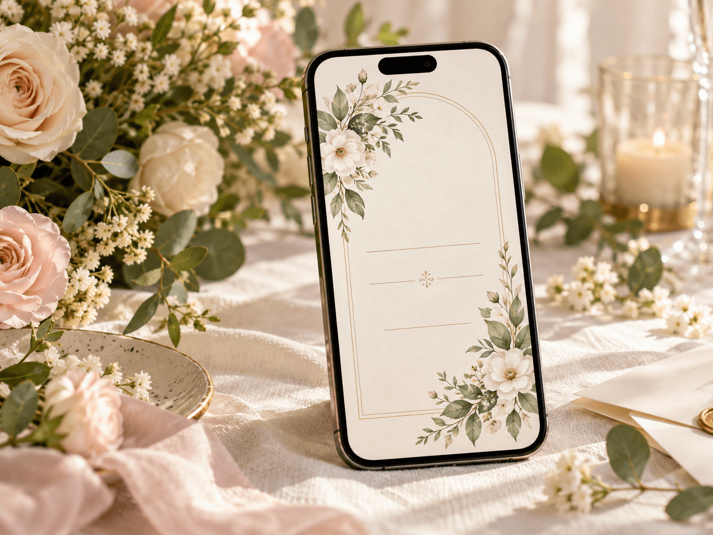 Invitación digital de boda en un teléfono junto a flores y papelería elegante