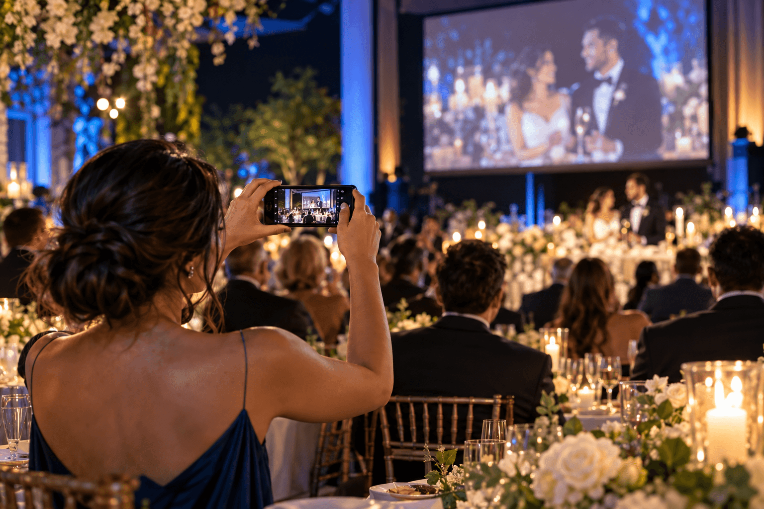 Invitada graba con su celular mientras la boda se proyecta en una pantalla grande