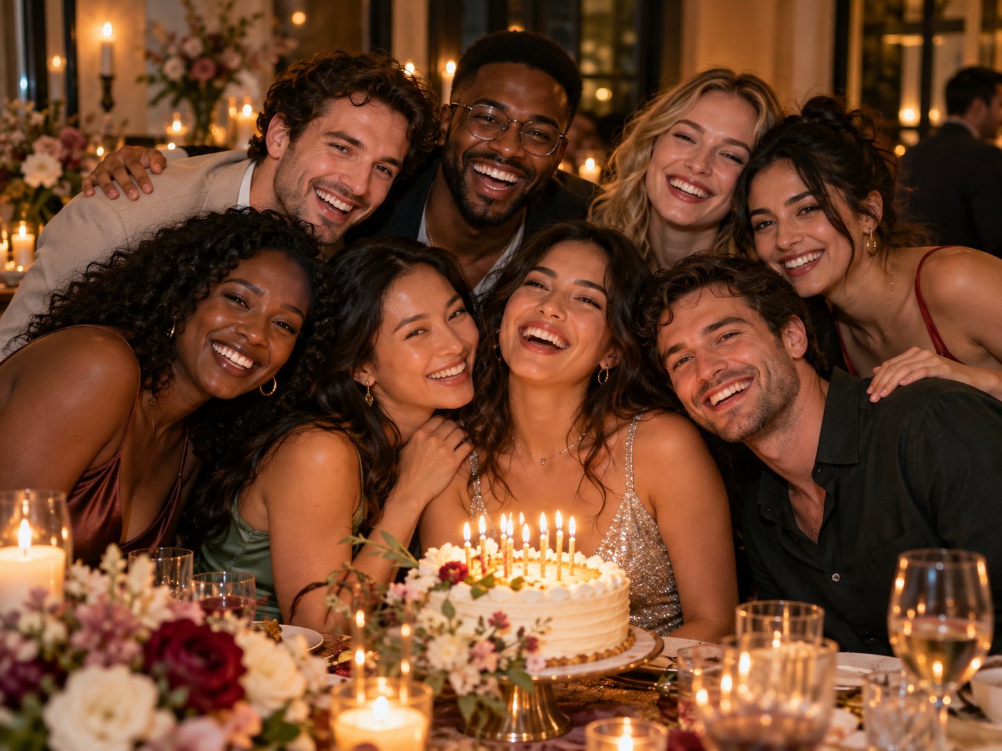 Amigos celebran un cumpleaños y comparten recuerdos en un álbum de fotos.