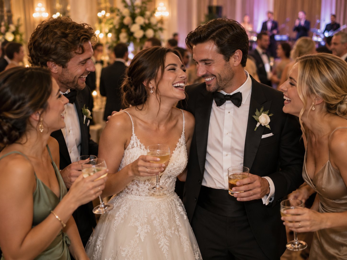 Pareja y amigos celebran una boda: recuerdos para un álbum digital compartido.