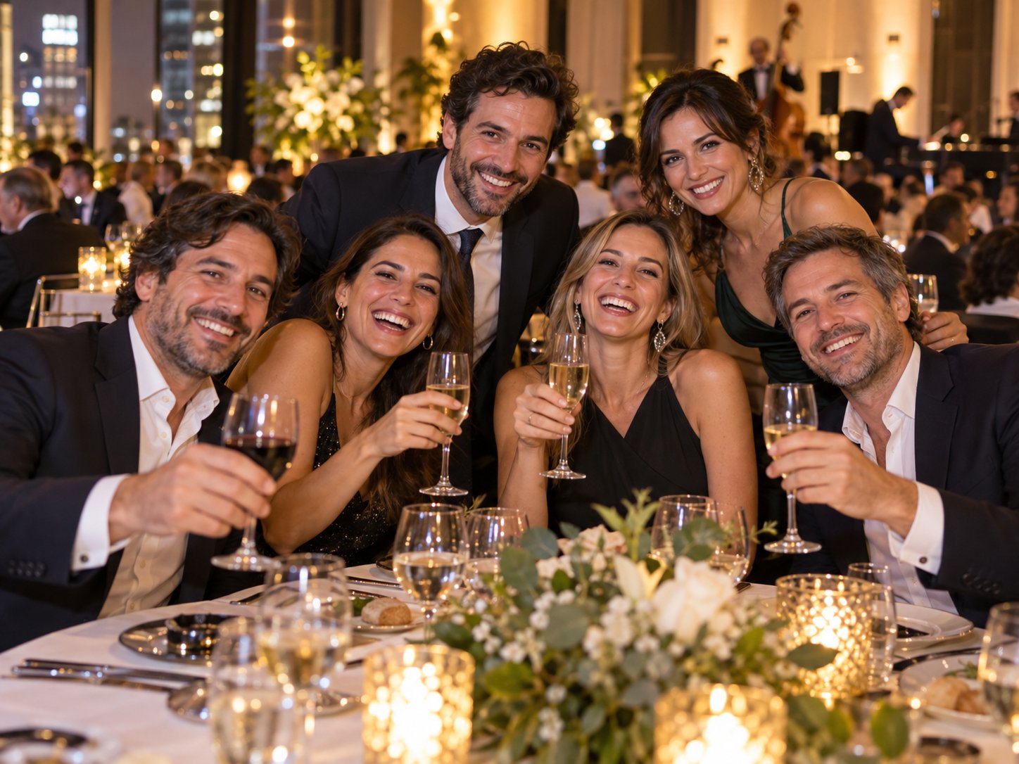 Colegas comparten una cena durante un evento corporativo.